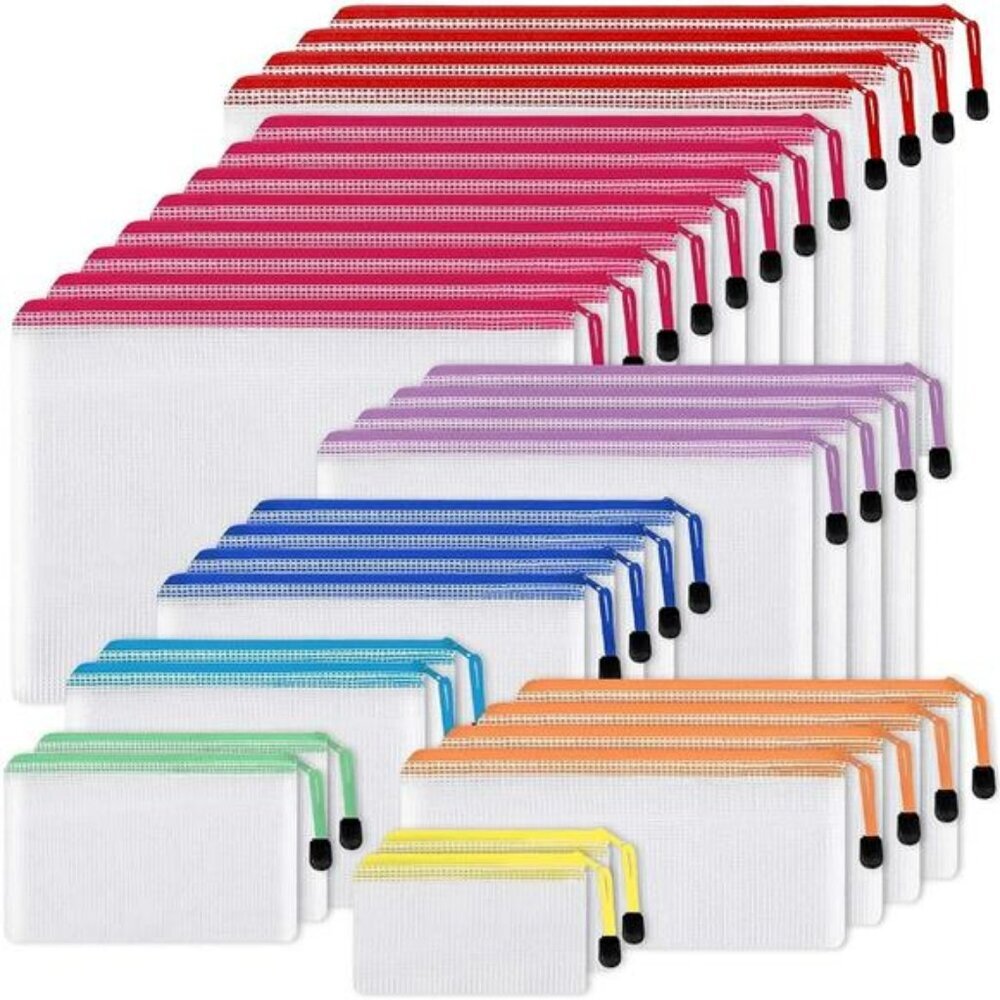 30 Pack Mesh Zipper Pouch Bags Waterproof Multi Size Travel School Office Storag